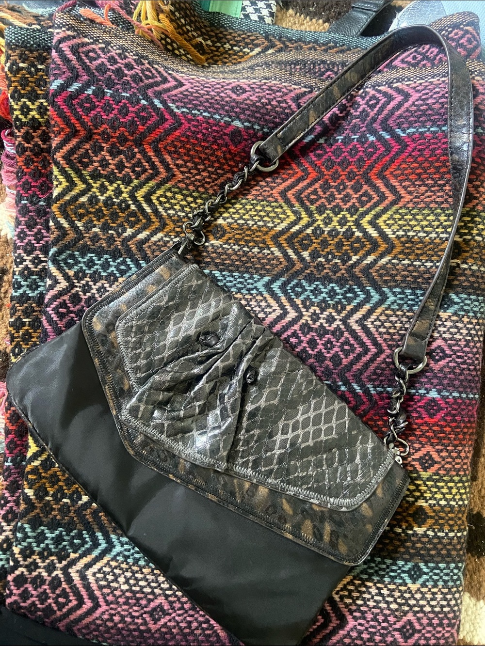 Falchi by Falchi 3 Pocket Black Mixed-Texture Shoulder Bag with Snakeskin Accent